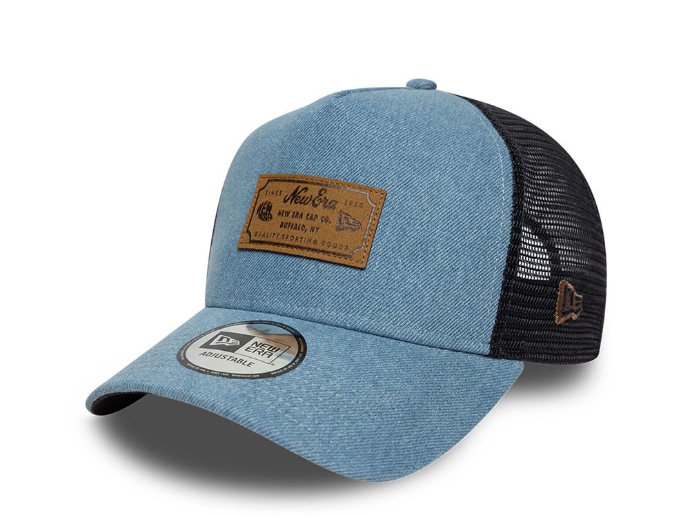 New Era Navy Denim Leather Patch 9Forty A Frame Trucker Snapback Cap